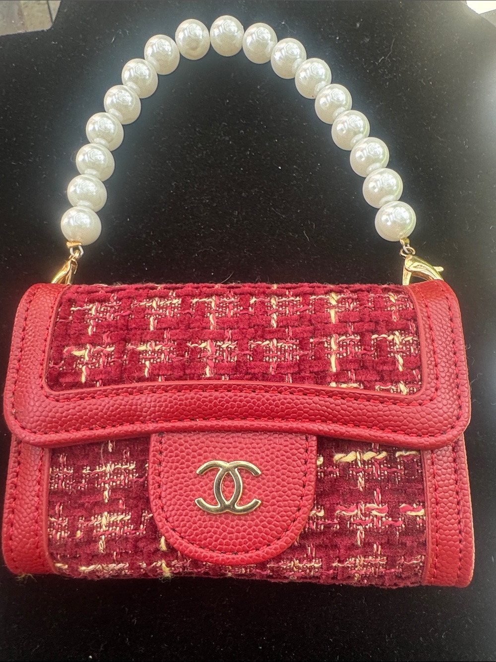Bag mini  Red Tweed Mini Flap Bag with Pearl Handle